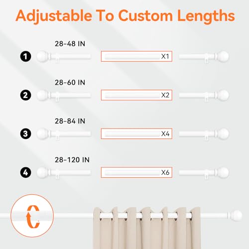 Poskena Curtain Rod Set for Windows 28 to 60 Inch - 5/8” White Heavy Duty - Decorative Window Curtains Rod with Brackets for Kitchen, Bathroom, Sliding Cafe Curtain Rods Door(2.4-5 Feet) - Image 5