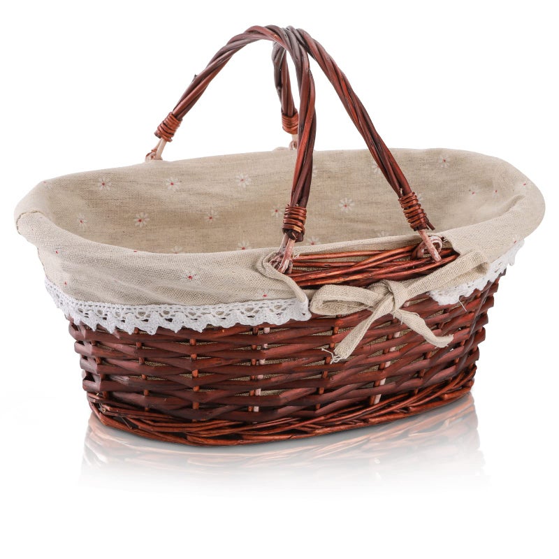 Dicunoy Wicker Basket with Handle, Picnic Baskets with Liner, Empty Gift Gardening Baskets for Harvesting, Willow Organizer Storage Basket for Fruit, Candy, Wine, Gathering, Wedding - Image 1