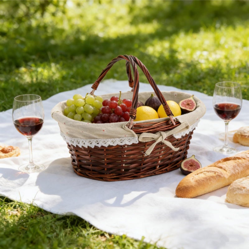 Dicunoy Wicker Basket with Handle, Picnic Baskets with Liner, Empty Gift Gardening Baskets for Harvesting, Willow Organizer Storage Basket for Fruit, Candy, Wine, Gathering, Wedding - Image 3