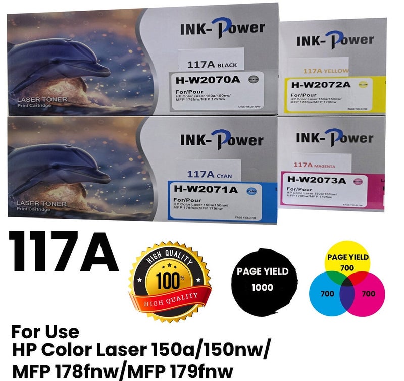 اينك باور حبر متوافق HP 117A (مجموعة) (مع شريحة) حبر W2070A W2071A W2072A W2073A لطابعات الليزر الملونة 117a MFP 178nwg 178nw 179fwg/fnw 150a/nw W2070A W2071A W2072A W2073A أسود، سماوي، أصفر، أرجواني. - Image 1
