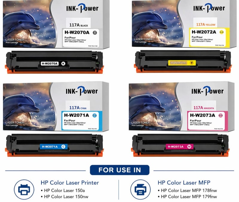 اينك باور حبر متوافق HP 117A (مجموعة) (مع شريحة) حبر W2070A W2071A W2072A W2073A لطابعات الليزر الملونة 117a MFP 178nwg 178nw 179fwg/fnw 150a/nw W2070A W2071A W2072A W2073A أسود، سماوي، أصفر، أرجواني. - Image 4