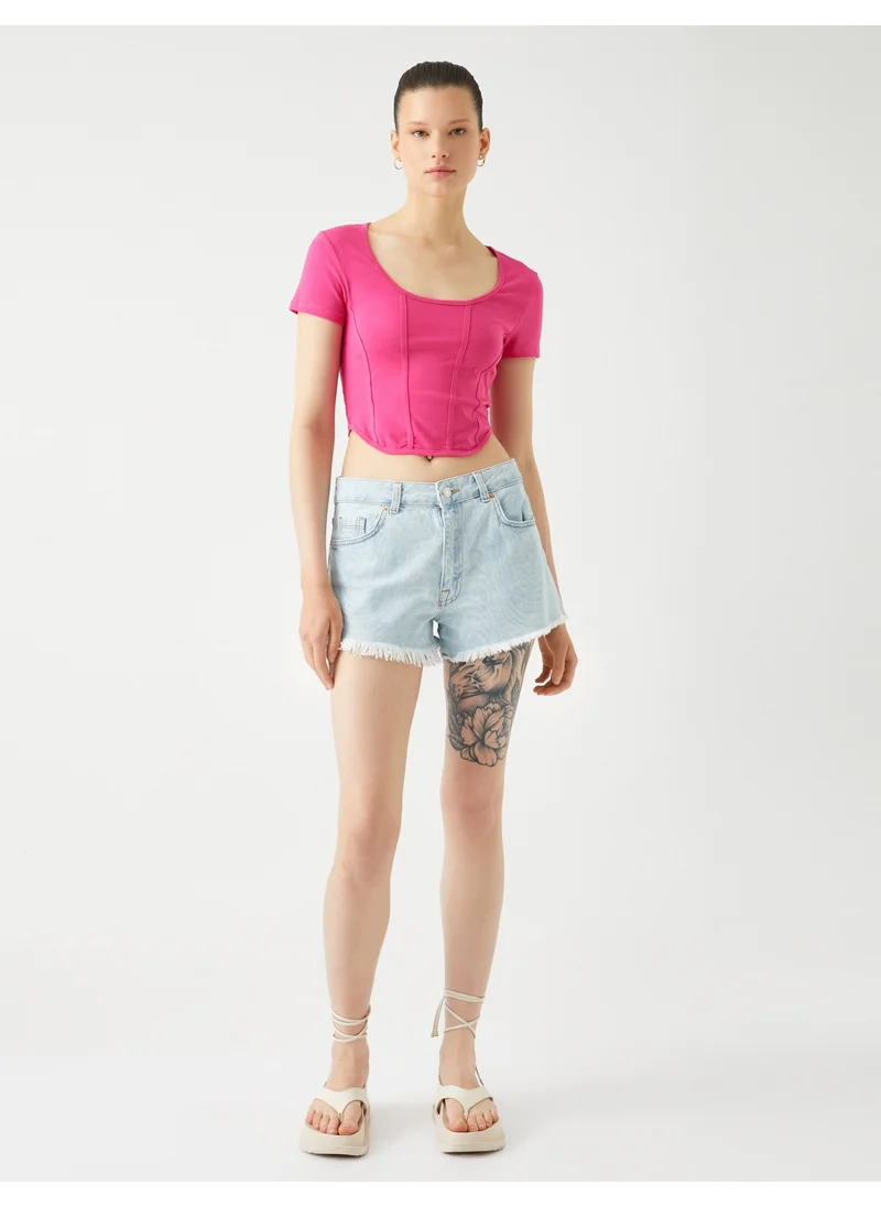 كوتون Crop T-Shirt Cotton Round Neck Ribbed Short Sleeve