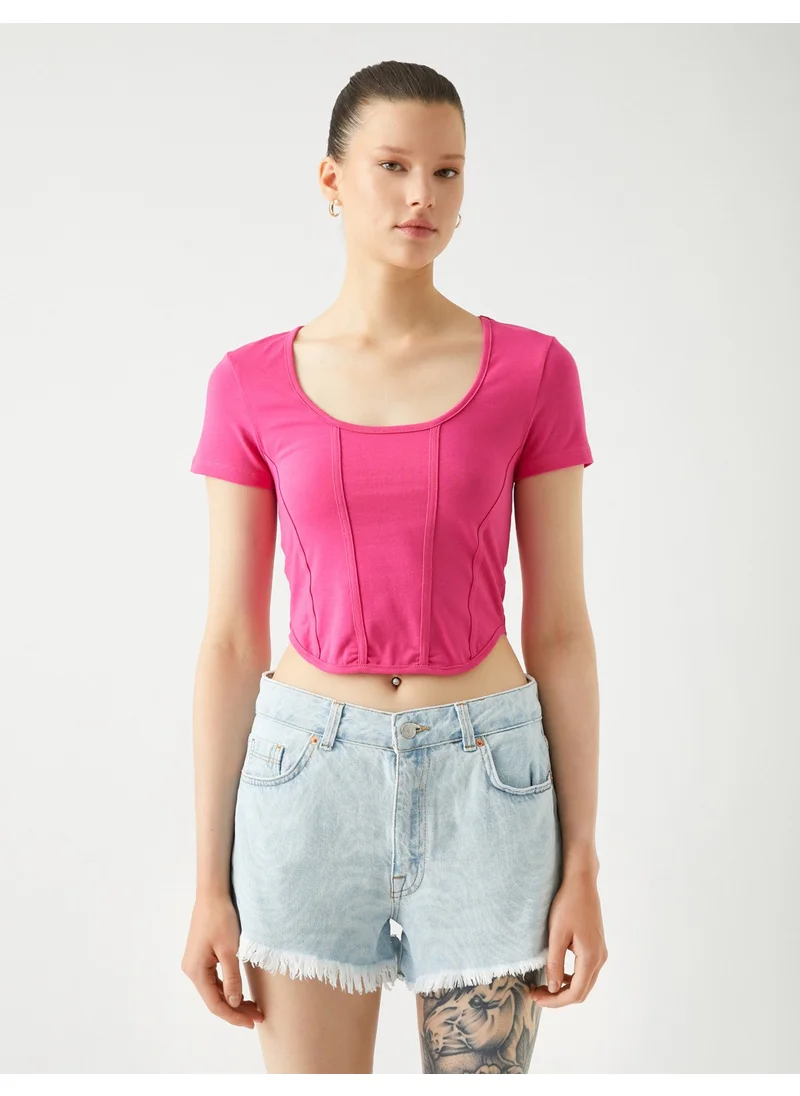 KOTON Crop T-Shirt Cotton Round Neck Ribbed Short Sleeve