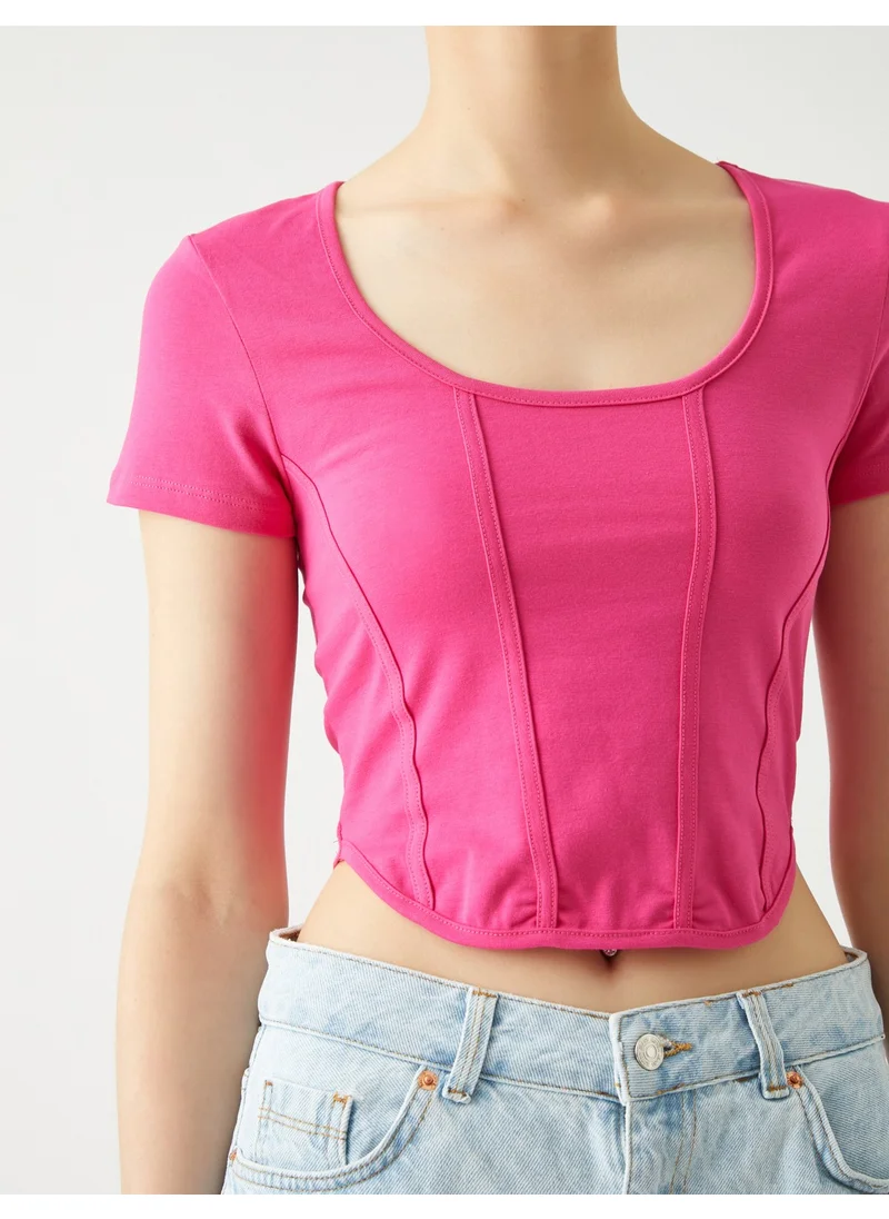 KOTON Crop T-Shirt Cotton Round Neck Ribbed Short Sleeve