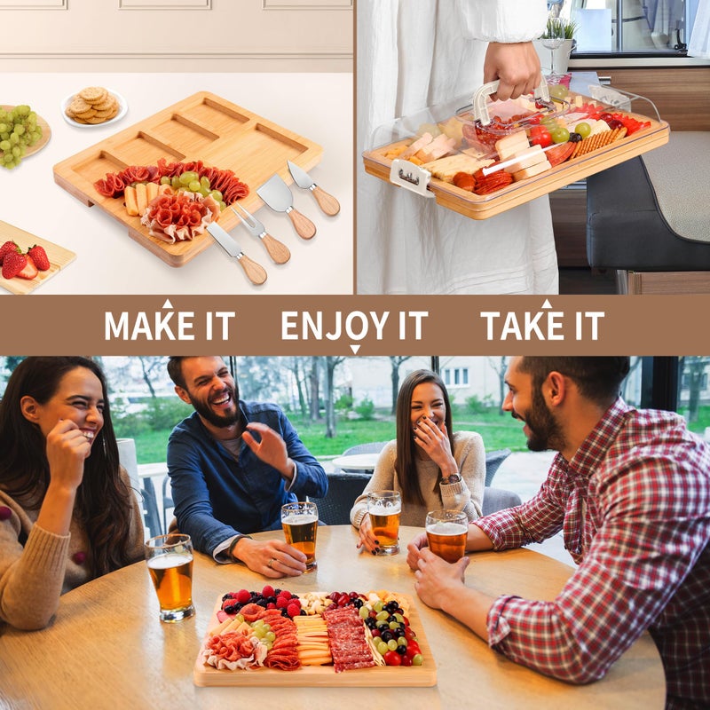 CAWIU Charcuterie Board with Lid and Handle - Portable Travel Design Bamboo Cheese Board Set with 4 Cheese Tools, Gift for Housewarming, Weddings, Picnics(6 Compartments, White) - Image 3