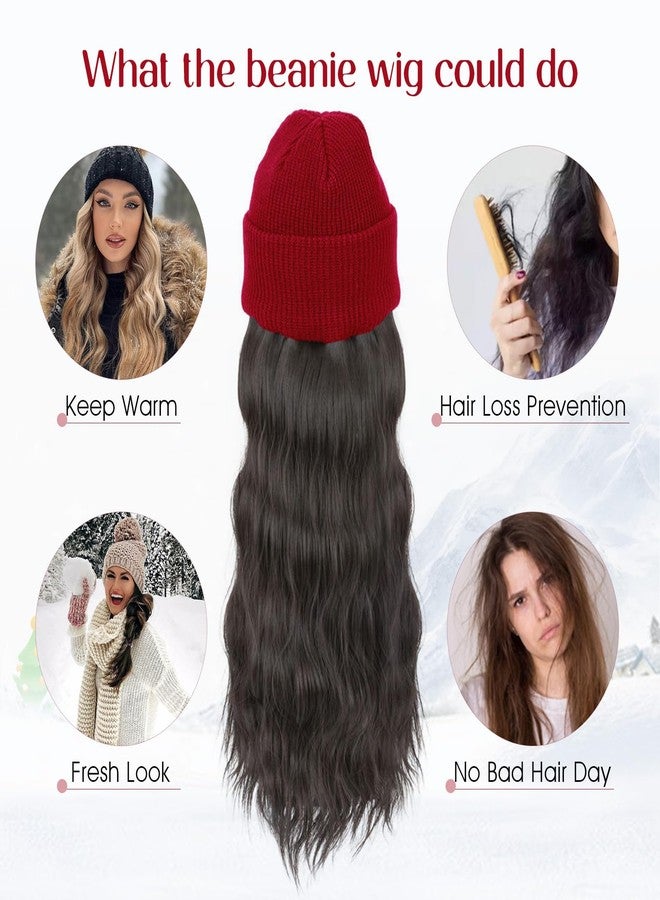 S-noilite Beanie Wig with Hair,18 Inch Long Wavy Hair Extensions with Red Knitted Hat Wigs for Women Winter Medium Brown - Image 4