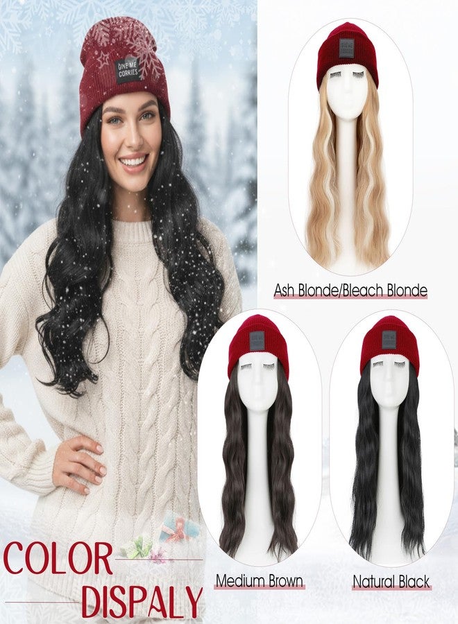 S-noilite Beanie Wig with Hair,18 Inch Long Wavy Hair Extensions with Red Knitted Hat Wigs for Women Winter Medium Brown - Image 5