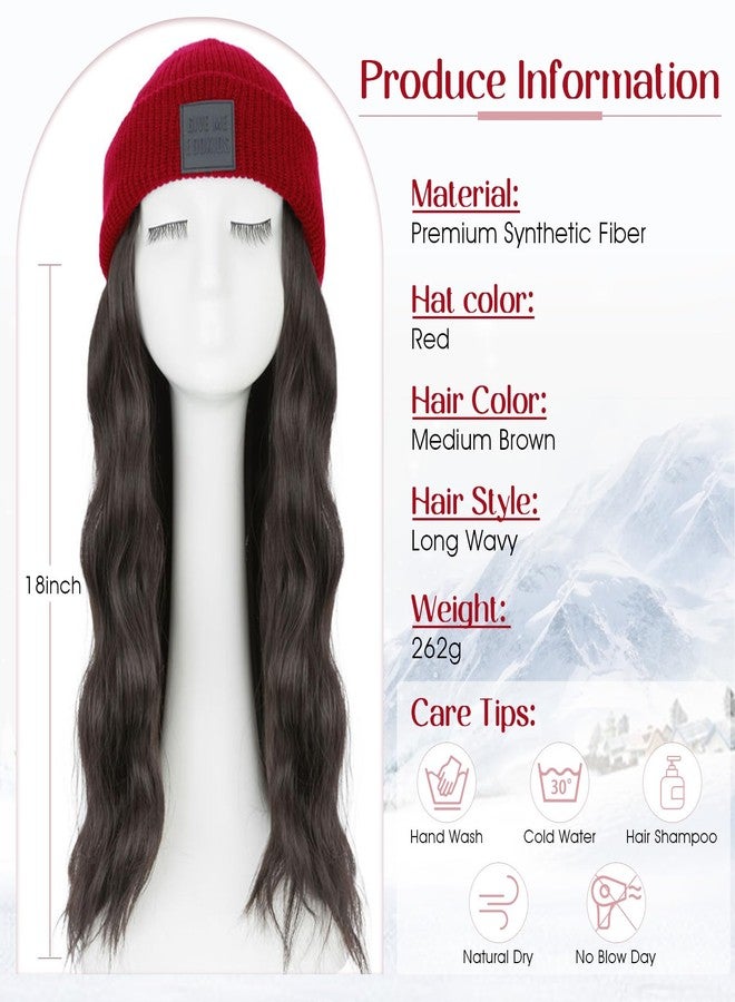 S-noilite Beanie Wig with Hair,18 Inch Long Wavy Hair Extensions with Red Knitted Hat Wigs for Women Winter Medium Brown - Image 2