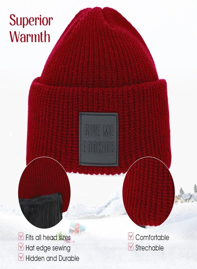 S-noilite Beanie Wig with Hair,18 Inch Long Wavy Hair Extensions with Red Knitted Hat Wigs for Women Winter Medium Brown - Image 3