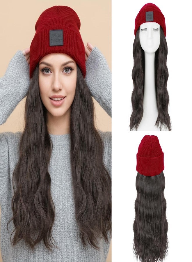 S-noilite Beanie Wig with Hair,18 Inch Long Wavy Hair Extensions with Red Knitted Hat Wigs for Women Winter Medium Brown - Image 1