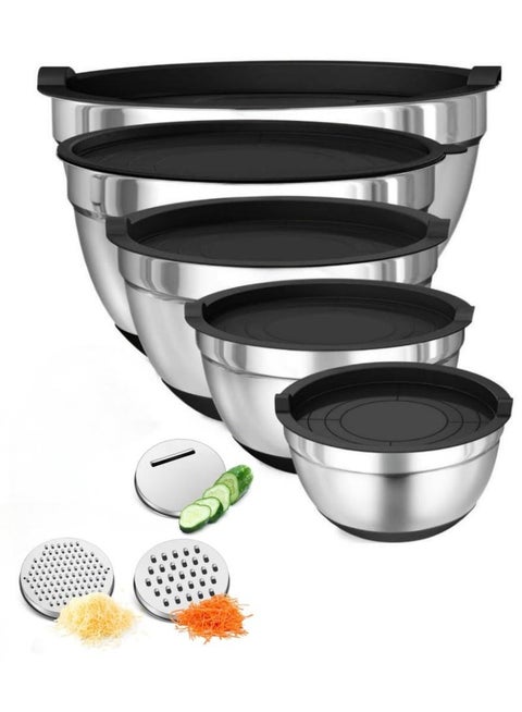 5 PCS Stainless Steel Mixing Bowls,Salad Dough Baking Bowl with Lids,anti-slip mixing bowl, 3 Graters for Cooking, Baking, Salad, Marinating, Food Storage and Prepping