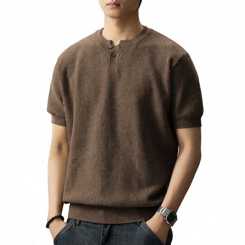 Mens Knitted Short Sleeve Polo Shirt Henley Neck Casual Slim Fit Top - Image 1