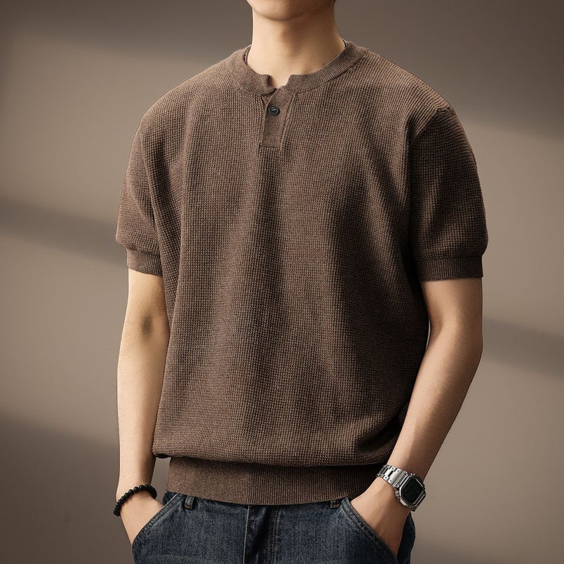 Mens Knitted Short Sleeve Polo Shirt Henley Neck Casual Slim Fit Top - Image 2