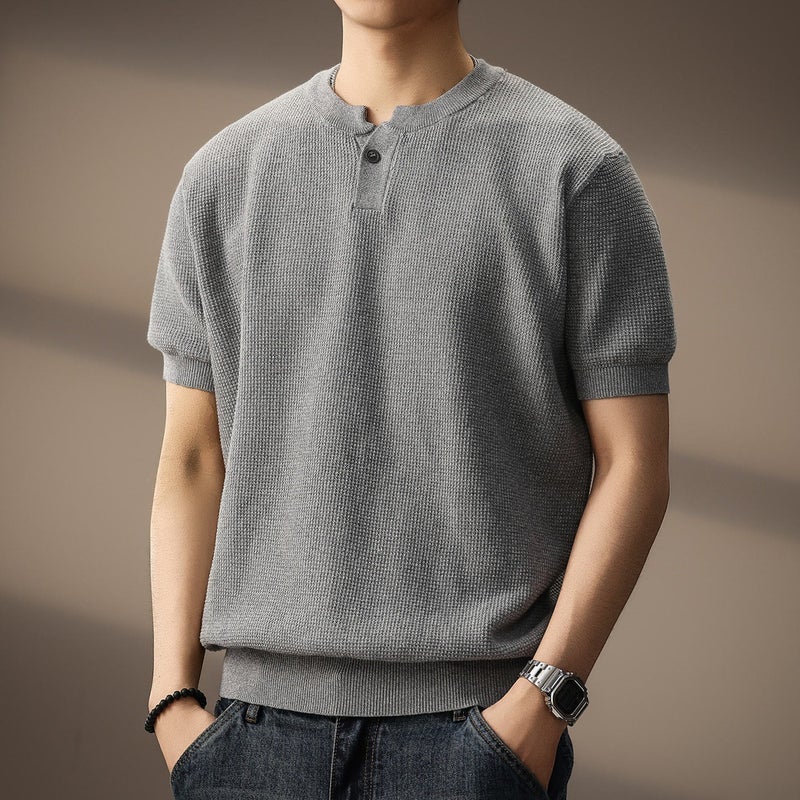Mens Knitted Short Sleeve Polo Shirt Henley Neck Casual Slim Fit Top - Image 3