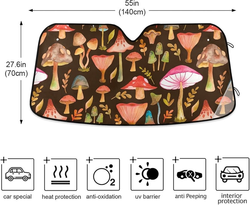 Oarencol Watercolor Mushrooms Brown Car Windshield Sun Shade Foldable UV Ray Sun Visor Protector Sunshade to Keep Your Vehicle Cool (55" x 27.6") - Image 4