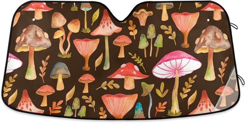 Oarencol Watercolor Mushrooms Brown Car Windshield Sun Shade Foldable UV Ray Sun Visor Protector Sunshade to Keep Your Vehicle Cool (55" x 27.6") - Image 1