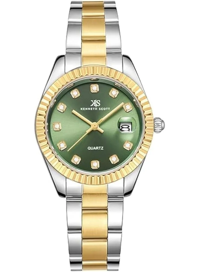 كينيث سكوت Kenneth Scott Women's SL28 Movement Watch, Analog Display and Solid Stainless Steel Strap - K23546-TBTG, Two Tone Gold