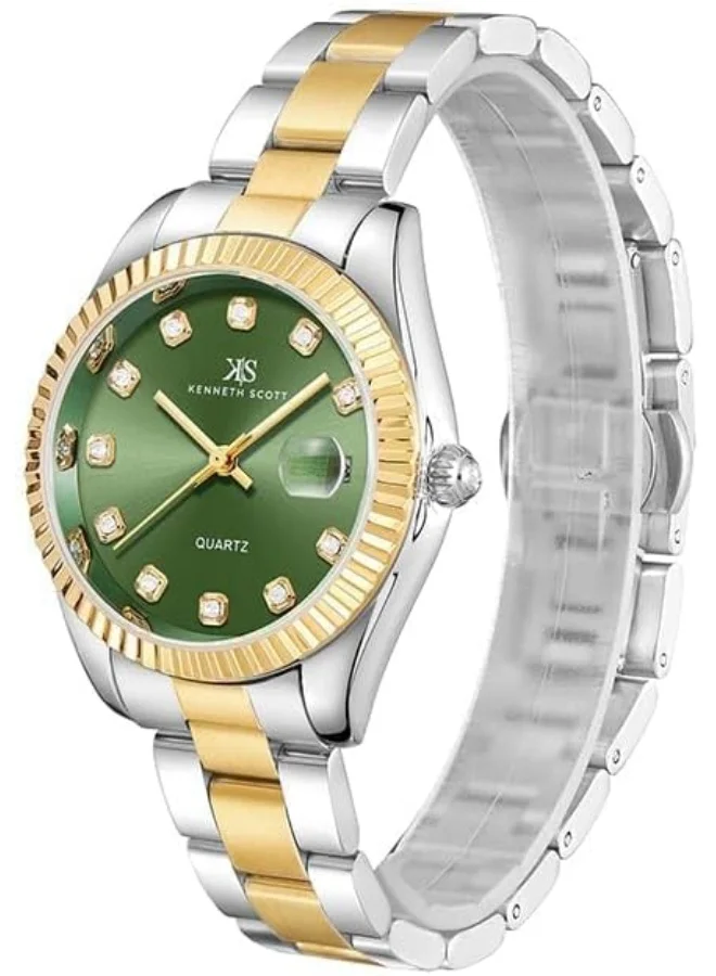 كينيث سكوت Kenneth Scott Women's SL28 Movement Watch, Analog Display and Solid Stainless Steel Strap - K23546-TBTG, Two Tone Gold