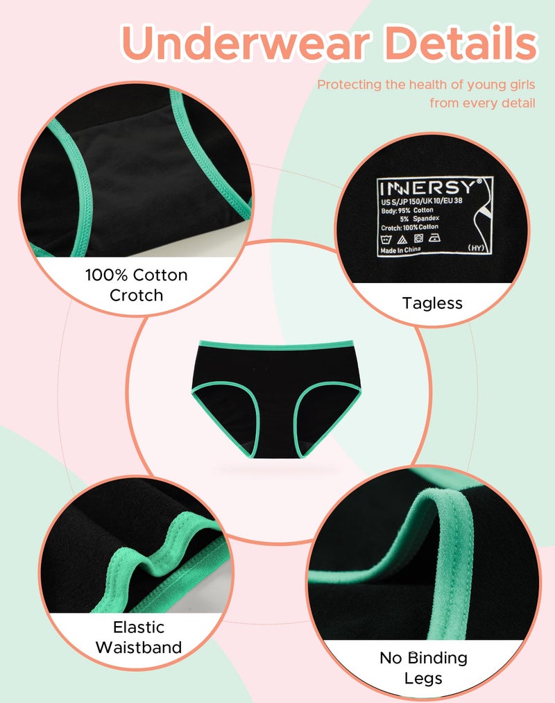 INNERSY Girls Cotton Underwear Teen Comfortable Panties Size 8-16 Briefs 6 Pack(12-14 Years, Black With Neon Hem) - Image 3