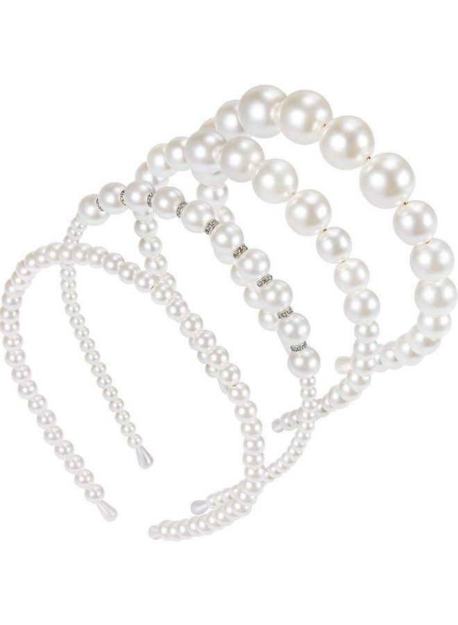 4 Pieces Pearls Headbands Women White Faux Pearl Rhinestones Hairbands Bridal Hair Hoop Wedding Hair Accessories For Girls (Style Set 1)