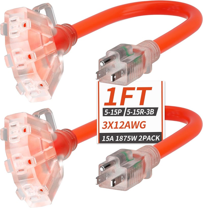 PlugSaf 1 FT 2 Pack 12/3 Gauge Outdoor Extension Cord with Multiple Outlets Light Indicator, Weatherproof 3 Outlet Heavy Duty Extension Cord Waterproof Orange, 15A 1875W 12AWG SJTW, ETL Listed - Image 1