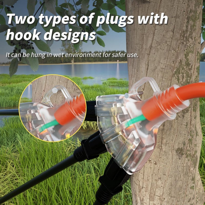 PlugSaf 1 FT 2 Pack 12/3 Gauge Outdoor Extension Cord with Multiple Outlets Light Indicator, Weatherproof 3 Outlet Heavy Duty Extension Cord Waterproof Orange, 15A 1875W 12AWG SJTW, ETL Listed - Image 4