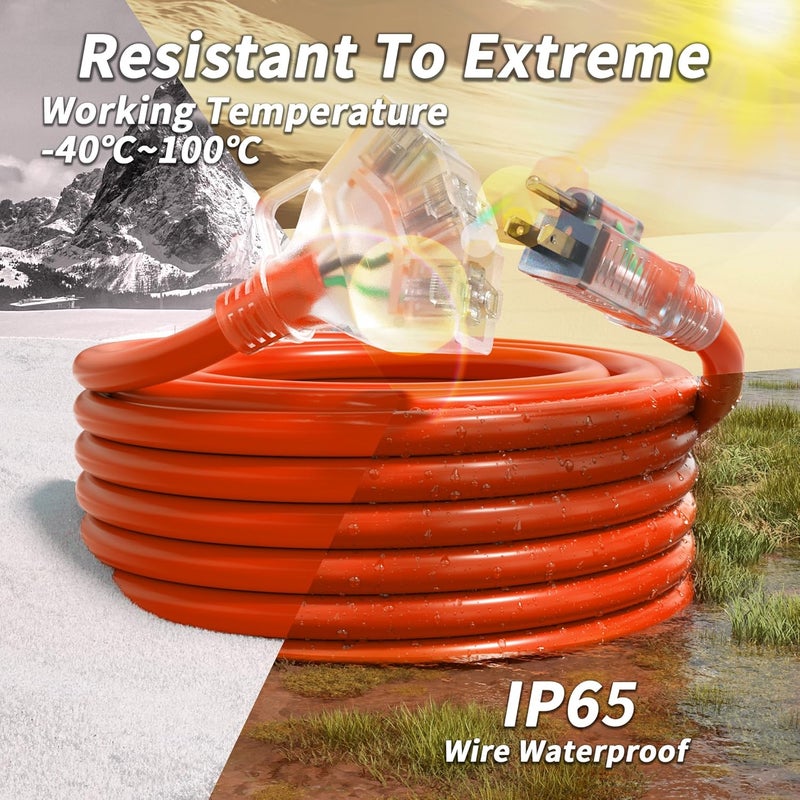 PlugSaf 1 FT 2 Pack 12/3 Gauge Outdoor Extension Cord with Multiple Outlets Light Indicator, Weatherproof 3 Outlet Heavy Duty Extension Cord Waterproof Orange, 15A 1875W 12AWG SJTW, ETL Listed - Image 5