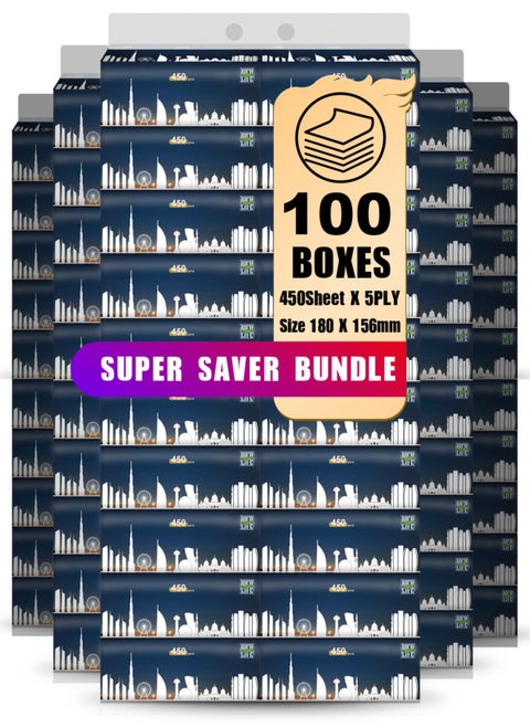 Facial Tissue - Premium Quality 5-Ply - 450 Sheets | 100 Value Packs | Soft, Durable & Moisture Proof | 100% Raw Wood Pulp - Ideal for Wet & Dry | Available in 5 to 100 Packs