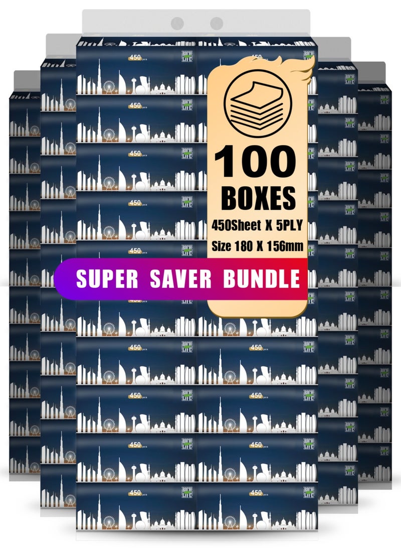 Rich Life Facial Tissue - Premium Quality 5-Ply - 450 Sheets | 100 Value Packs | Soft, Durable & Moisture Proof | 100% Raw Wood Pulp - Ideal for Wet & Dry | Available in 5 to 100 Packs  - Image 1