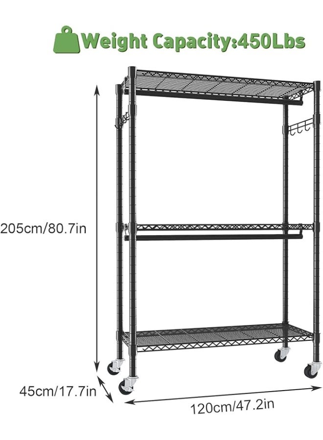 Forthcan Heavy Duty Clothes Rack on Wheels, Metal Garment Rail with 3 Hanging Rods, Shelf and Side Hook, Freestanding Wardrobe Organizer (Black, 45D × 120W × 205H cm) - Image 2