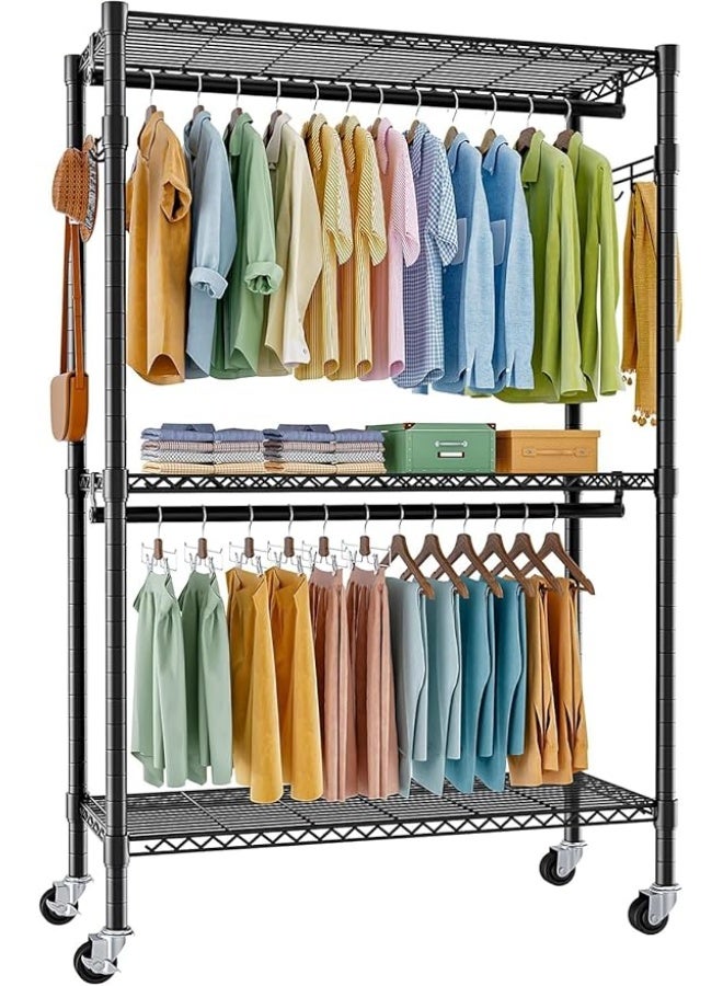 Forthcan Heavy Duty Clothes Rack on Wheels, Metal Garment Rail with 3 Hanging Rods, Shelf and Side Hook, Freestanding Wardrobe Organizer (Black, 45D × 120W × 205H cm) - Image 1