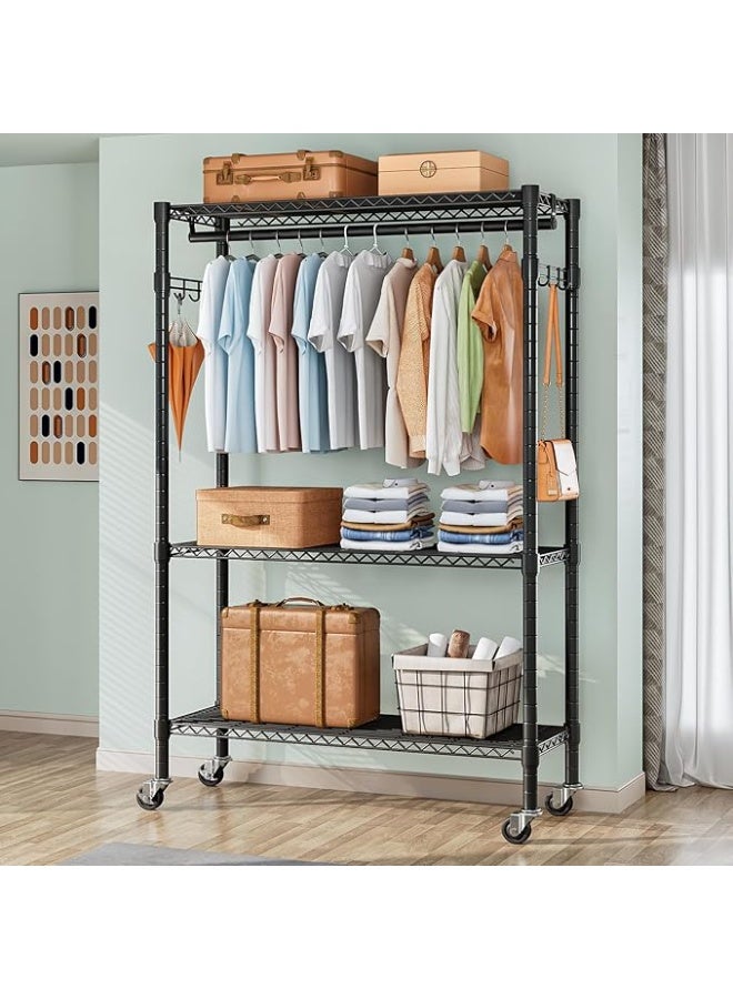 Forthcan Heavy Duty Clothes Rack on Wheels, Metal Garment Rail with 3 Hanging Rods, Shelf and Side Hook, Freestanding Wardrobe Organizer (Black, 45D × 120W × 205H cm) - Image 5