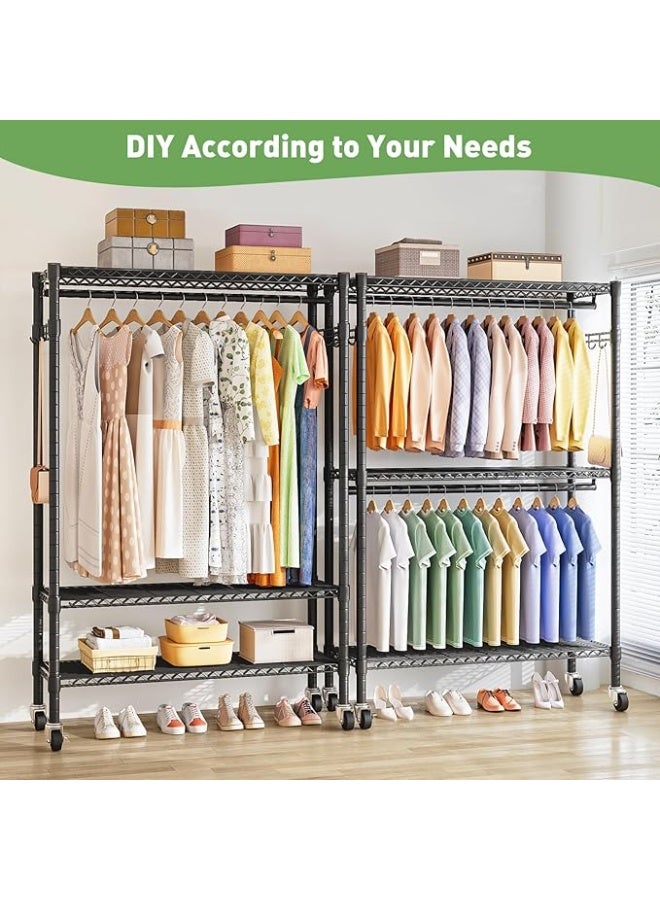 Forthcan Heavy Duty Clothes Rack on Wheels, Metal Garment Rail with 3 Hanging Rods, Shelf and Side Hook, Freestanding Wardrobe Organizer (Black, 45D × 120W × 205H cm) - Image 4