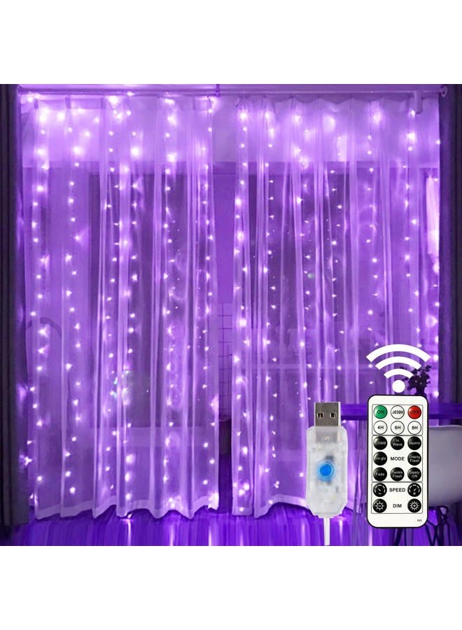 HOME LIGHTING Window Curtain String Lights, 300 LED 8 Lighting Modes Fairy Copper Light with Remote, USB Powered for Halloween Christmas Bedroom Party Wedding Home Garden Wall Decorations, Purple - Image 1