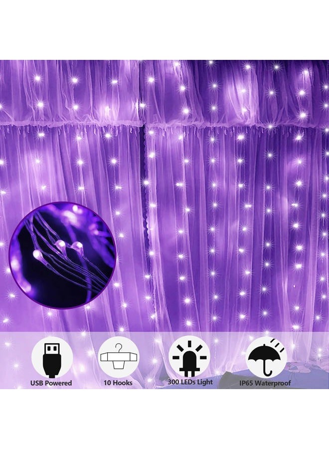 HOME LIGHTING Window Curtain String Lights, 300 LED 8 Lighting Modes Fairy Copper Light with Remote, USB Powered for Halloween Christmas Bedroom Party Wedding Home Garden Wall Decorations, Purple - Image 2