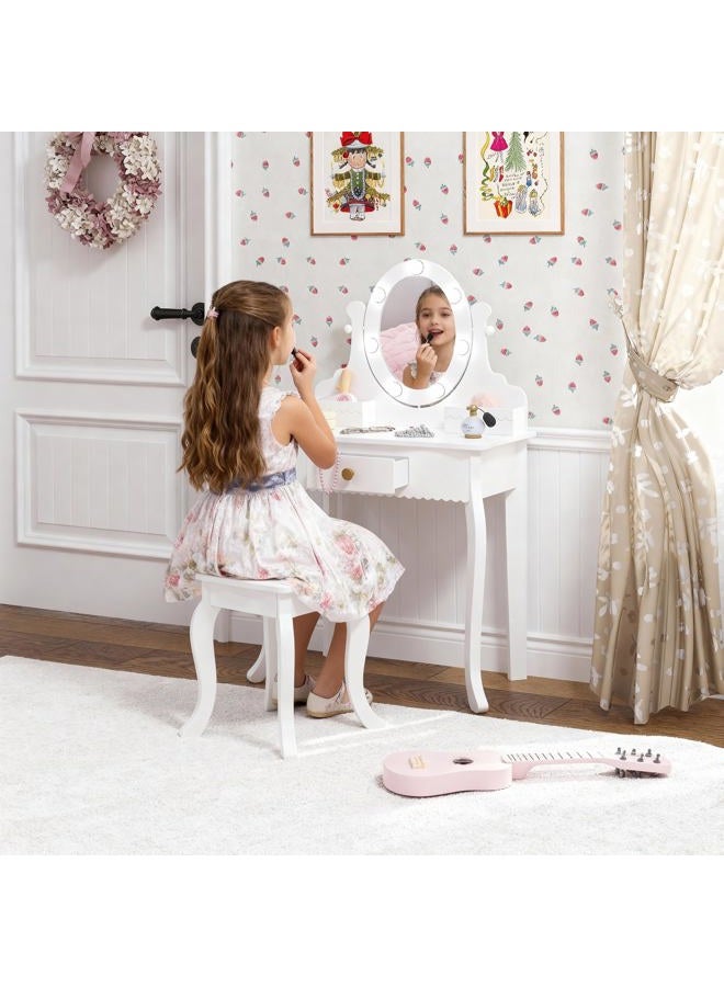 Spirich Kids Vanity, Girls Vanity Set with Mirror and Stool and Lights, Kids Vanity Table and Chair Set, Wooden Princess Makeup Desk Dressing Table, White - Image 2