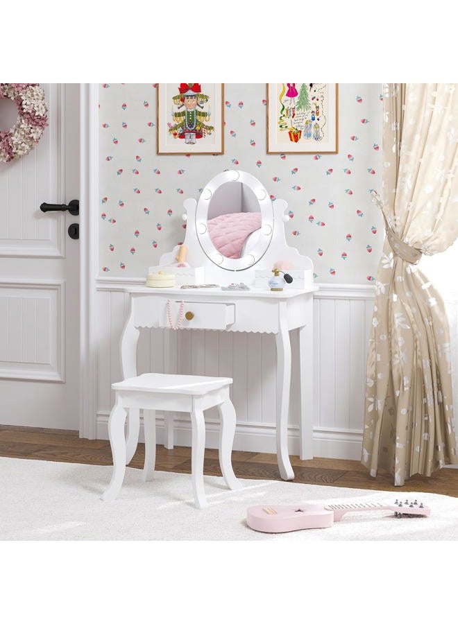 Spirich Kids Vanity, Girls Vanity Set with Mirror and Stool and Lights, Kids Vanity Table and Chair Set, Wooden Princess Makeup Desk Dressing Table, White - Image 1