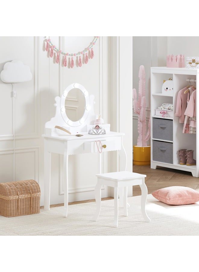 Spirich Kids Vanity, Girls Vanity Set with Mirror and Stool and Lights, Kids Vanity Table and Chair Set, Wooden Princess Makeup Desk Dressing Table, White - Image 5