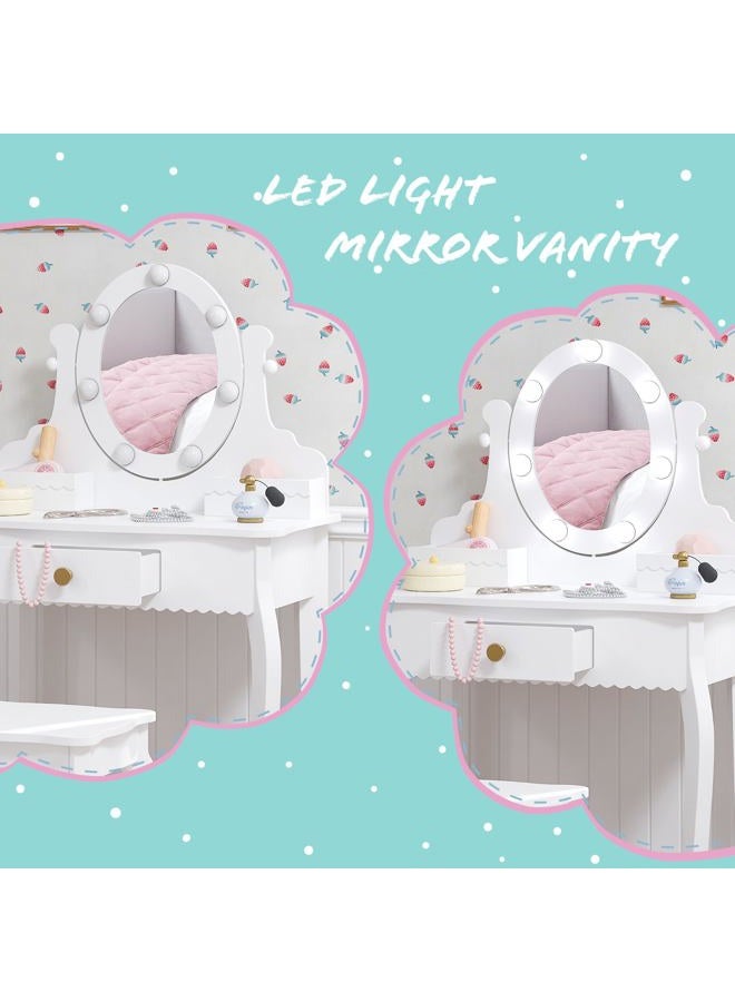 Spirich Kids Vanity, Girls Vanity Set with Mirror and Stool and Lights, Kids Vanity Table and Chair Set, Wooden Princess Makeup Desk Dressing Table, White - Image 4