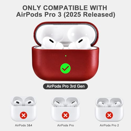 ICARER AirPod Pro 3 Case 100 Geniune Leather Case Handmade Top Grade Vintage Cover Shockproof Protective Cover Support Wireless Charging Compatible with AirPods Pro 3 2025 Model Red - Image 3
