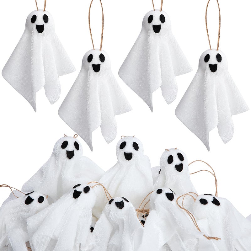 Watayo 16 Pcs Halloween Hanging Ghosts Decoration, 3.5" x 3" Outdoor Small Ghosts Tree Ornaments, Farmhouse Rustic White Cloth Ghost Hanging Decor for Yard Lawn Haunted House Party Decor - Image 1