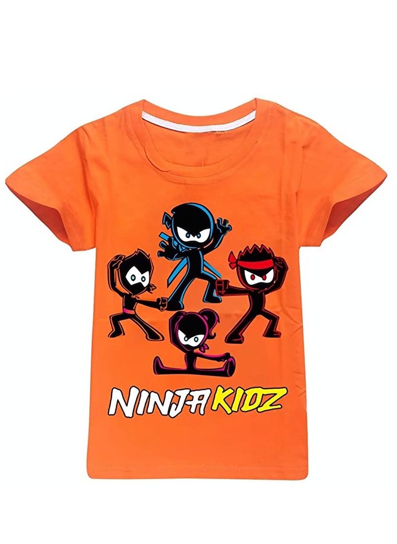 Generic - Ninja Kids Cartoon Unisex Summer Short Sleeve Orange T-Shirt Black Shorts Set - Image 1