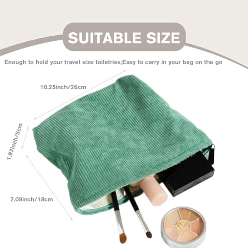 FITINI 2 Pcs Makeup Bag Large Corduroy Cosmetic Bags Portable Travel Toiletry Case Organizer Cute Small Brushes Storage Pouch with Zipper for Women Purse,Green - Image 2