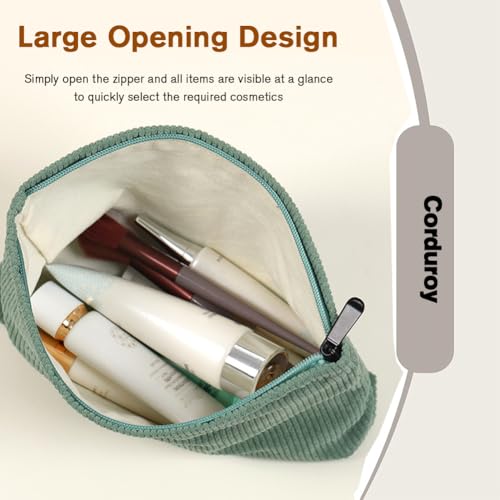 FITINI 2 Pcs Makeup Bag Large Corduroy Cosmetic Bags Portable Travel Toiletry Case Organizer Cute Small Brushes Storage Pouch with Zipper for Women Purse,Green - Image 3