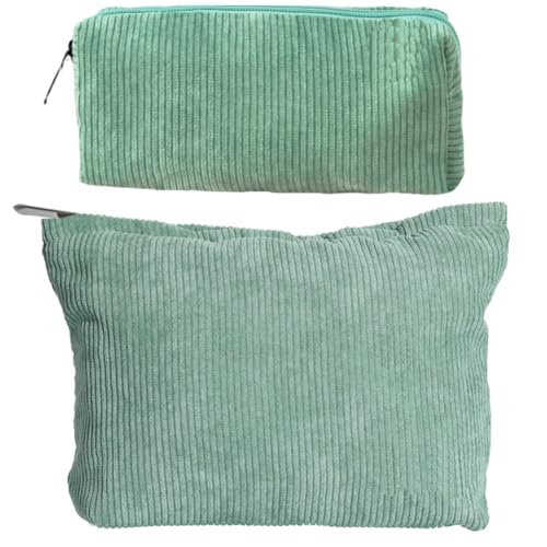 FITINI 2 Pcs Makeup Bag Large Corduroy Cosmetic Bags Portable Travel Toiletry Case Organizer Cute Small Brushes Storage Pouch with Zipper for Women Purse,Green - Image 1