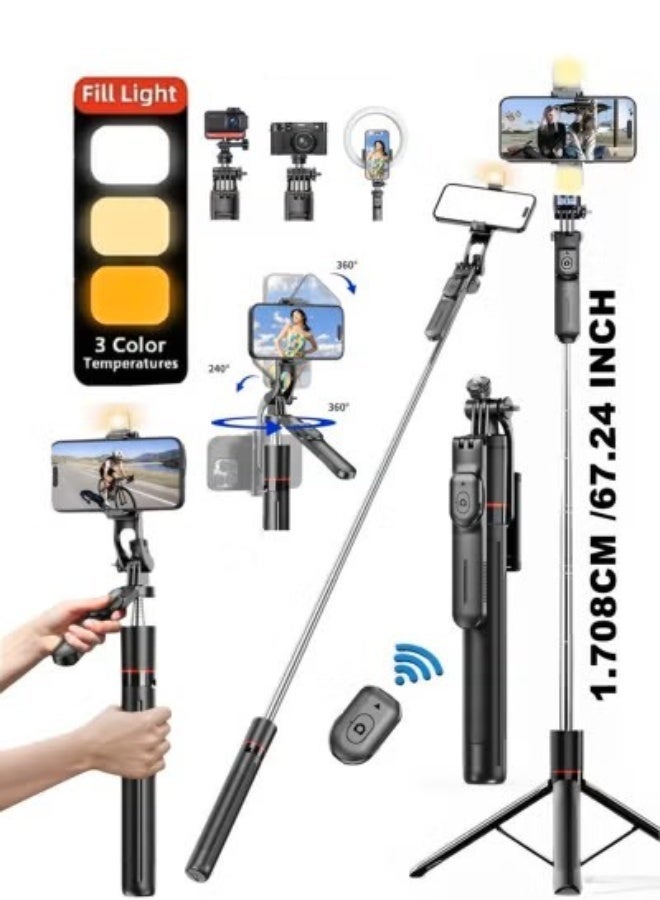 47.24 inches(1.708cm) Selfie Stick Tripod with Wireless Remote & Fill Light, 360° Rotatable Phone Holder, 3 Color Temperature LED, 8-Section Extendable Pole, Detachable Mount, Compatible with iPhone & Android - Image 1
