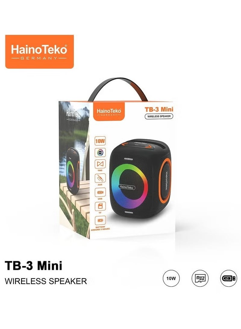 HainoTeko مكبر صوت بلوتوث محمول لاسلكي صغير TB-3 مع إضاءة RGB – قوة إخراج 10 واط، تحكم زر متعدد الوظائف، تصميم مدمج، أسود - Image 2