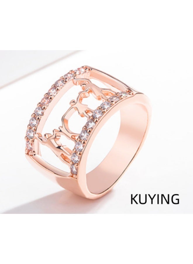 KUYING Full Set Crystal Rose Gold Ring With Wide Geometric Hollow Design - Image 3