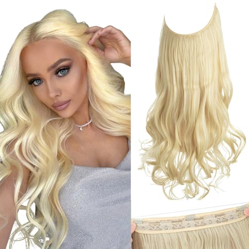 SARLA Invisible Wire Hair Extensions with 3 Clips Synthetic Wavy Curly Hairpiece Adjustable Transparent Headband for Women 16 Inch Beach Blonde - Image 1