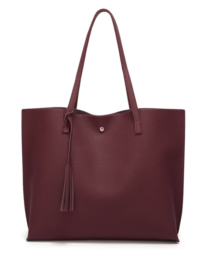 Dreubea Women's Soft Faux Leather Tote Shoulder Bag from, Big Capacity Tassel Handbag Dark Red - Image 1